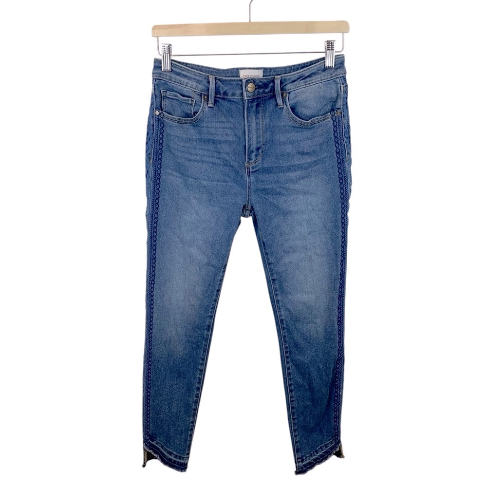 Driftwood sz 27 Jackie High Rise Embroidered Blue Skinny Ankle Jeans Raw Hem